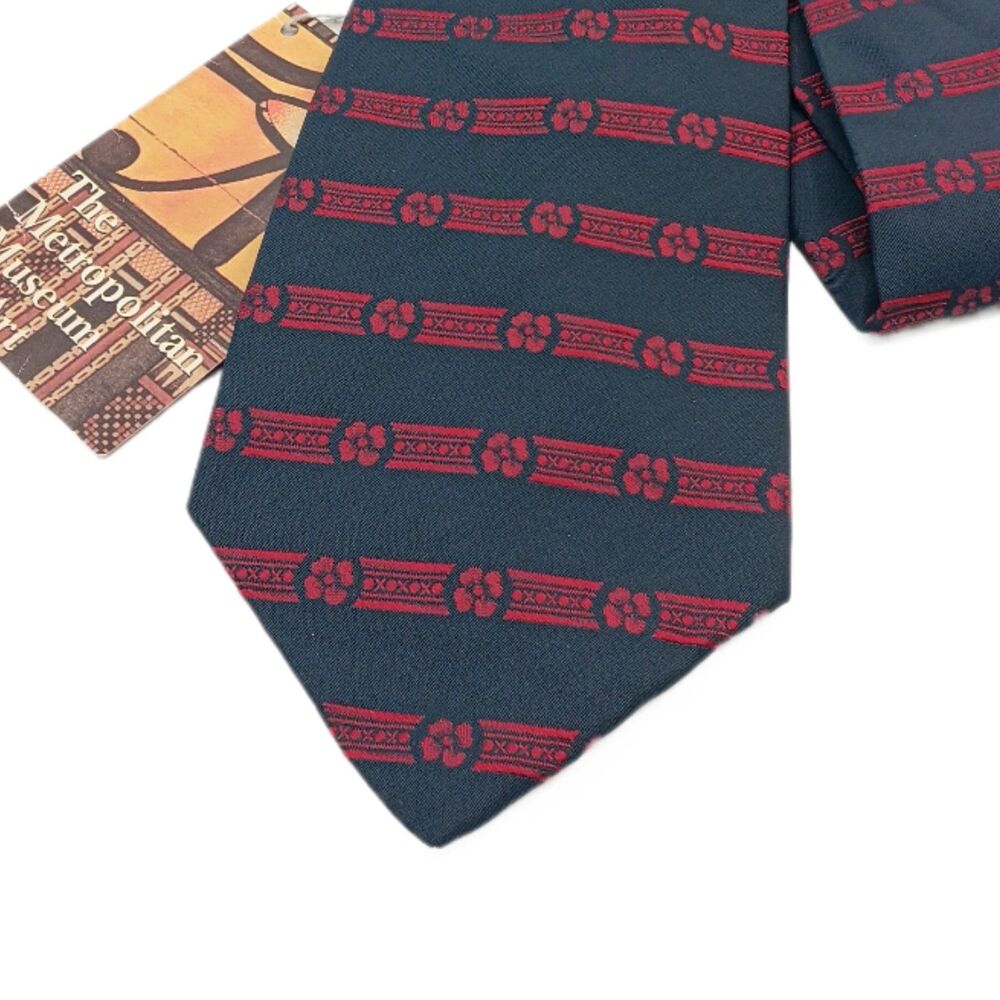 Metro Museum Of Art Silk Tie Mens 58” Navy Red Stripe Floral Designer Wide NWT